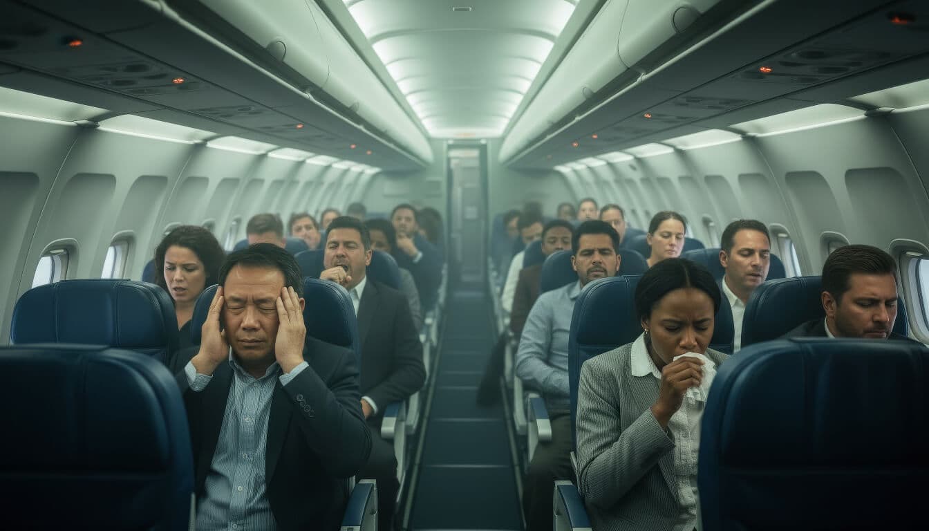 Passengers seated in an aircraft cabin breathing recirculated air