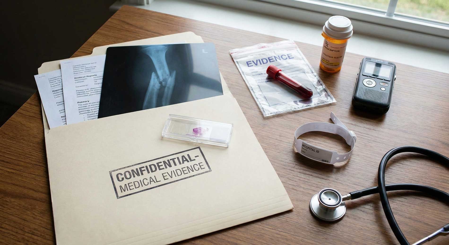Medical records folder, x-ray and stethoscope on a desk