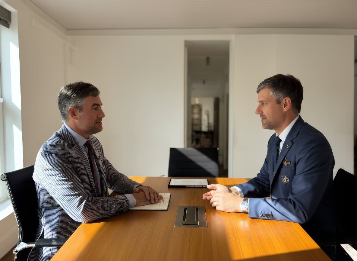 Two men having a discussion across a wooden table